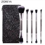 ZOREYA Double-Headed Makeup Brush Set with Sparkling Pailette Portable Bag 5pcs Powder Foundation Eye Shadow Eyebrow Contour Brush (ZOREYA-BlingBrush-Z)