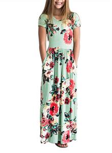 ZESICA Girl's Summer Short Sleeve Floral Printed Empire Waist Long Maxi Dress with Pockets 