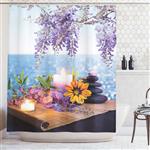 Ambesonne Spa Decor Collection, Massage Stones with Daisy and Wisteria with the Seabed Foliage Meditation Picture, Polyester Fabric Bathroom Shower Curtain Set with Hooks, Lilac Green Orange