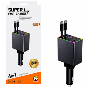 شارژر فندکی کابل متصل 120وات 2پورت یک پورت PD نور پردازی super fast charge M37