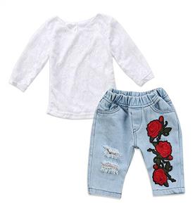 Emmababy Toddler Kids Baby Girls 3D Flower Lace Tops Denim Pants Jeans Outfit Set Clothes 