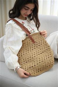 کیف حصیری زنانه مدل رافیا دسته عسلی