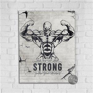 تابلو بدنسازی سه بعدی اسکلت در حال فیگور با نوشته strong