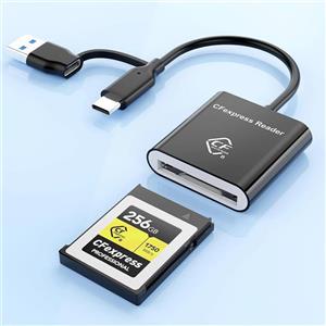 کارت خوان CFexpress Type B با USB 3.2 (Gen 2) 10Gbps، آداپتور 2 در 1 Type B CFexpress با USB-C و USB-A، سازگار با ویندوز/مک/لینوکس/اندروید، برای آیفون 17/16/15، لپ تاپ ها، تبلت ها، تلفن های هوشمند