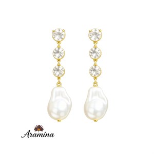گوشواره مرواریدی زنانه آویز نگین دار آبکاری طلا رنگ ثابت ARA 118