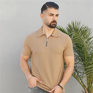 تیشرت مردانه یقه زیپ دار کرم مدل Arban