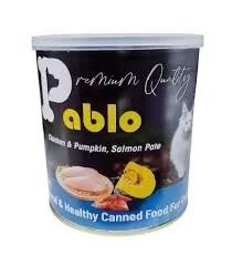 کنسرو غذای گربه پابلو مدل مرغ و ماهی سالمون و کدو تنبل وزن ۸۰۰ گرم