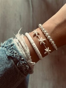 دستبند و پابند H&M ست ۳ تایی مرواریدی و صدفی سفید طرح ستاره دریایی |قابل شستشو کاملاً قابل تنظیم،سبک ساحلی دریایی ترند متریال اروپایی بهترین کیفیت مناسب استایل تابستانی