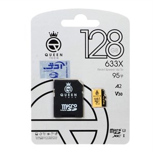 رم (گارانتی مادام‌العمر شرکت آی تین) Queen tech microSDXC & adapter U3 Class 10 633X -95MB/s - 128GB مشکی طلایی