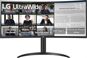 مانیتور خمیده فوق عریض 34 اینچی ال‌جی مدل 34WR55QK-B با رزولوشن WQHD (3440 x 1440)، نرخ تازه‌سازی 100 هرتز، زمان پاسخگویی 5 میلی‌ثانیه، HDR10، حالت Reader، پورت HDMI، DisplayPort، USB Type-C، پایه قابل تنظیم ارتفاع و شیب، مشکی