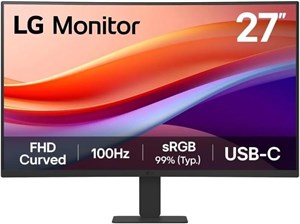 مانیتور خمیده 27 اینچی فول اچ دی LG مدل 27U421A-B، رزولوشن 1920x1080، نرخ نوسازی 100 هرتز، زمان پاسخگویی 5 میلی‌ثانیه، HDR10، طراحی بدون حاشیه 3 طرفه، سوئیچ، HDMI، USB Type-C با توان 15 وات PD، پایه باریک با قابلیت تنظیم شیب، مشکی، بدون بلندگو