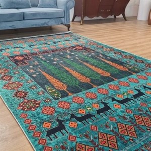 فرشینه مخمل هازان طرح فیروزه سبز آبی روستایی L289