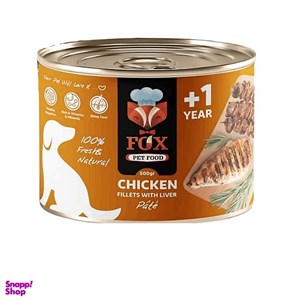کنسرو پته سگ بالغ فاکس FOX طعم مرغ و جگر 500 گرم