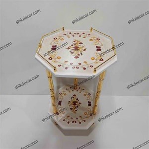 میز چوبی تلفن و آباژور 2 طبقه هشت ظلعی سفید 