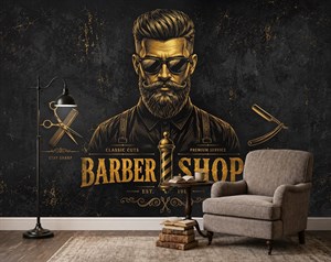 پوستر دیواری آرایشگاه مردانه طرح کلاسیک مشکی طلایی | کد DA-4072 مناسب دکور باربر شاپ