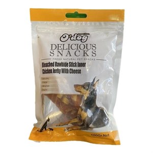 تشویقی سگ اوداگ مدل مرغ جرکی به همراه پنیر O'Dog Chicken & Cheese jerkeyوزن ۱۰۰ گرم