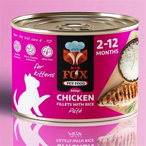 کنسرو پته بچه گربه(کیتن) بالغ فاکس FOX طعم مرغ و برنج 500 گرم