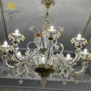 لوستر مورانو شفاف مدل ونیزی و آویز گل برگ بلوری (8 شاخه)