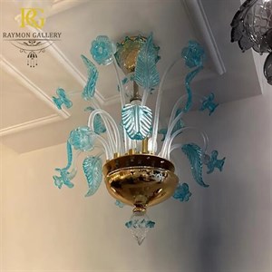 لوستر لنتر مورانو آبی روشن و شاخه های برگی فیروزه ای