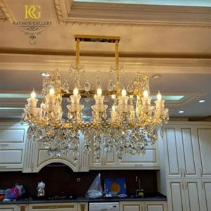 لوستر لاینر بلوری طلایی و آویز های اشکی (16 شاخه)