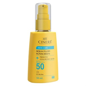 فلوئید ضد آفتاب بی‌رنگ سینره، 50 SPF، مدل PREBIOTIC، مناسب پوست‌های چرب با حجم 50 میلی‌لیتر، فاقد پارابن، محافظت‌کننده در برابر اشعه‌های UVA و PA ،UVB ، دارای فرمولاسیون فاقد چربی و هیالورونیک اسید، با ماندگاری 2 ساعته