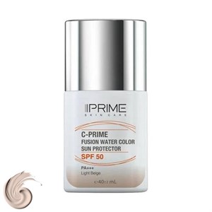 فلوئید ضد آفتاب رنگی پرایم، SPF 50، مدل فیوژن واتر، مناسب انواع پوست  با تنالیته روشن و حجم 40 میلی لیتر، محافظت‌کننده در برابر  اشعه‌های PA  ،UVA ،UVB، دارای فرمولاسیون فاقد چربی، ویتامین سی و آنتی اکسیدان، با ماندگاری 4 ساعته
