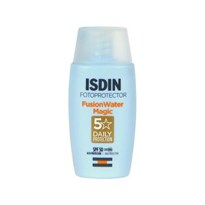 فلوئید ضدآفتاب بدون رنگ ایزدین SPF50 مدل Fusion Water Magic ‌مناسب انواع پوست، حجم 50 میلی‌لیتر