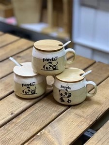 ماگ پاندا گرانیتی درب دار قاشق دار