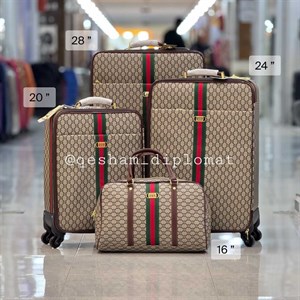 چمدان برزنتی طرح گوچی رنگ کرم قهوه ای ست 4 تکه
