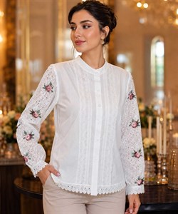 شومیز زنانه یقه ایستاده مدل آستین گلدوزی رز