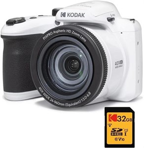 دوربین دیجیتال KODAK Pixpro Astro Zoom AZ405کارت SDHC کداک با سرعت فوق العاده بالا U1 32 گیگابایت - دوربین 20 مگاپیکسل، زوم X40، زاویه دید عریض، LCD، فیلم Full HD 1080p، OIS، باتری AA - سفید