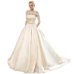 Yuxin Women's Lace Wedding Dress 3/4 Sleeves Sweep Train Satin Bridal Gown