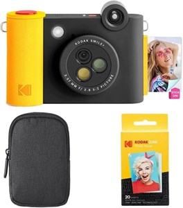 دوربین چاپ فوری دیجیتال و پرینتر عکس بلوتوث بی‌سیم KODAK Smile  2-in-1، بسته شروع به کارکیف حملکاغذ عکس چسبی Zink 20 عددی - 10 مگاپیکسل، لنز چرخشی با جلوه‌های ویژه - مشکی