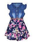 YJ.GWL Girls Dresses Denim Floral Swing Skirt with Belt Fashion Clothes for 2-10 Years Blue 