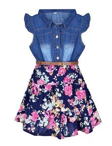 YJ.GWL Girls Dresses Denim Floral Swing Skirt with Belt Girls Fashion Clothes for 2-10 Years Blue