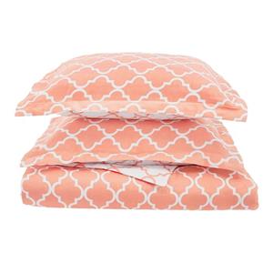 Superior 100% Cotton Trellis Geometric Bedding 3 Piece Reversible Duvet Cover Set Soft and Breathable Bed 300 Thread Count with Hidden Button Closure Full Queen Coral 