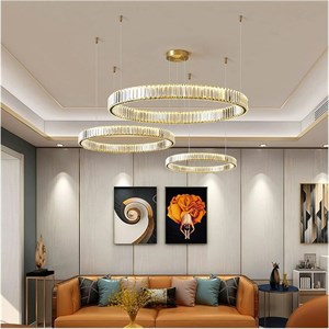 لوستر مدرن کریستالی دایره ای RC LED دیمر پذیر، لوستر آویز حلقه ای استیل طلایی/کروم، روشنایی اتاق نشیمن، چراغ آویز خانگی، 3 حلقه - 40، 60 و 80 - RC