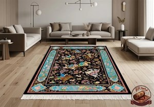 فرش ماشینی (چاپی) خرید فرشینه مخمل طرح ابریشم مدل شکارگاه و چوگان زمینه مشکی کد A005 ارسال فوری- فرشینه نازگل