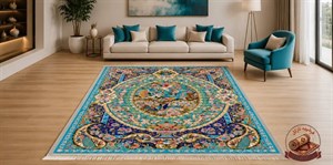 فرش ماشینی (چاپی) خرید فرشینه مخمل طرح ابریشم مدل گل و مرغ زمینه فیروزه‌ای کد A009 ارسال فوری- فرشینه نازگل