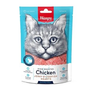 تشویقی گربه ونپی انگلیسی نویس با طعم مرغ و ماهی طرح قلب Wanpy chicken jerky & cod fish hearts وزن ۸۰ گرم