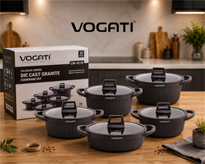سرویس قابلمه ۱۰ پارچه گرانیتی ووگاتی (VOGATI) مدل CW-VC10 سری Valencia | دایکست گرانیت با درب شیشه‌ای