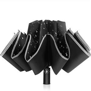 Wsky 12 Ribs Umbrella Windproof, Reinforced Travel Umbrella with Teflon Coating, Compact Waterproof, Ergonomic Handle with Auto Open Close Button - Elegant Leather Cover 