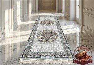 فرش ماشینی (چاپی) فرشینه مخمل طرح ترک مدل ترنج‌دار رنگ طوسی نقره‌ای R176 ارسال فوری- فرشینه نازگل