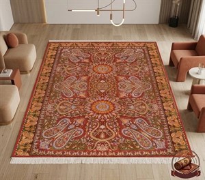 فرش ماشینی (چاپی) فرشینه مخمل طرح ابریشم مدل ترمه سلطنتی رنگ لاکی کد A085 ارسال فوری- فرشینه نازگل