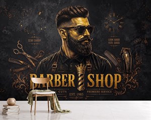 پوستر دیواری آرایشگاه مردانه طرح مشکی طلایی لوکس | کد DA-4080 مناسب دکور باربر شاپ