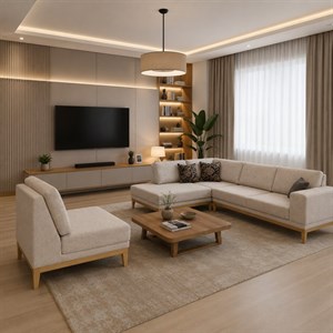 مبل ال هفت نفره با روکش پارچه و پایه چوب لیان مبل مدل ال والا به همراه 3 کوسن