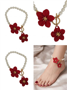 پابند زنانه وارداتی طرح pearl flower رنگ قرمز طلایی