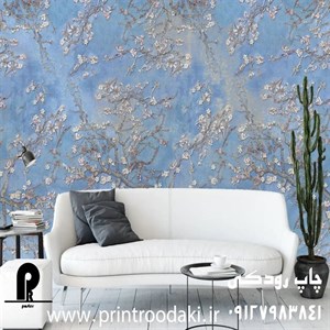 پوستر دیواری گل شاخه ای سفید و زمینه ابی