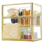 Antique Handmade Makeup Organizer Vintage Mirror Glass Brush Holder Cosmetic Storage Vanity Dresser Decoration Jewelry Box Make up Brushes 3Compartments with Free White Pearl and Lid 