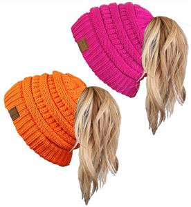 Funky Junque Ponytail Messy Bun BeanieTail Women's Beanie Solid Ribbed Hat Cap 